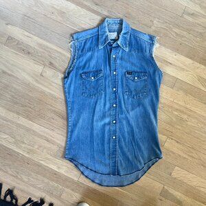 Vintage Wrangler Western Denim Pearl Snap Sleeveless Shirt Mens 15 x 33